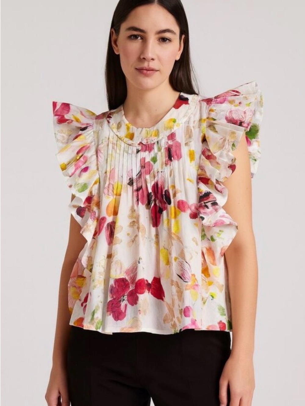 Fairhope Floral Ruffle Sleeve Blouse in White with Pink & Yellow 100% Cotton XL - Picture 2 of 7